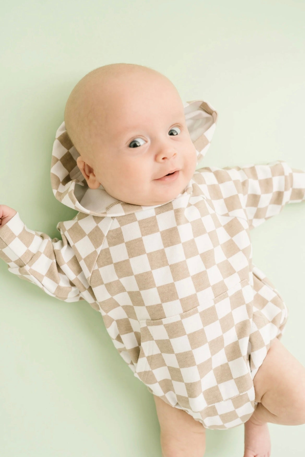 Beige Checkered Hoodie Romper